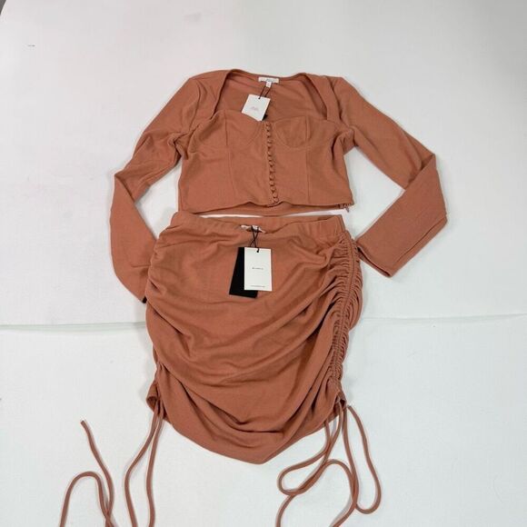 m.n.i. Los Angeles Top Skirt Set Womens Large Tan Mini Cropped New Babydoll - Picture 1 of 11